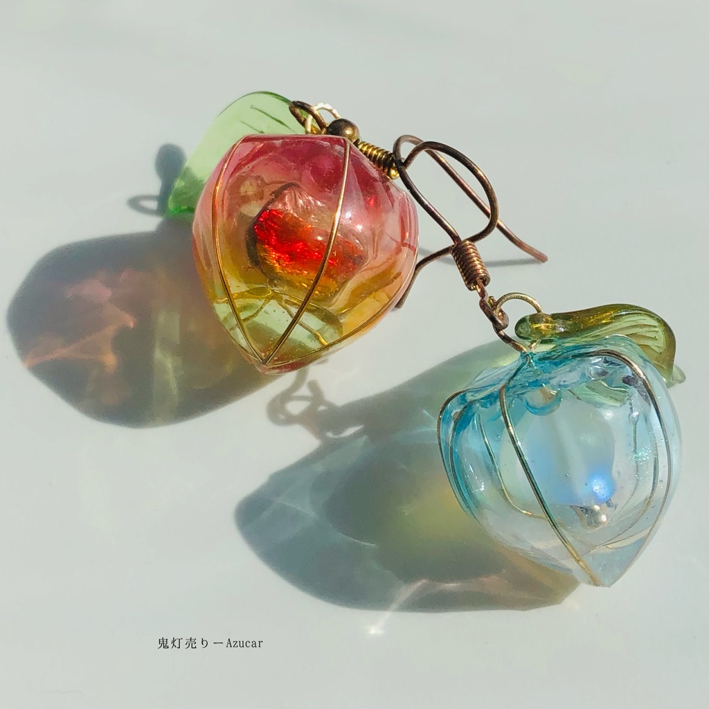 紅オレンジ蓄光鬼灯と氷グラデーション鬼灯の和風ピアス イヤリング
