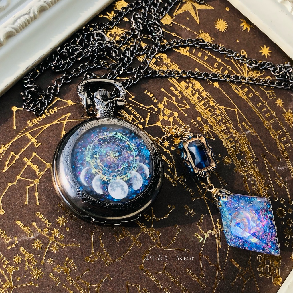 ★蓄光懐中時計★天体魔法使いの月の満ち欠け(蓄光オルゴナイトフローライト付き)★
