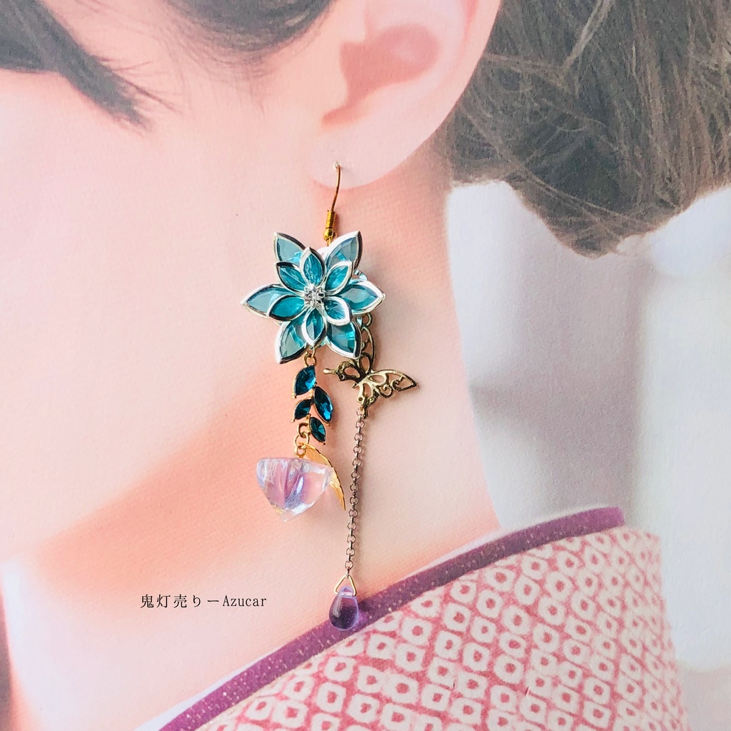 蒼金魚と鬼灯と蓮の和風ピアス イヤリング 蝶々、雫付き 着物や袴 成人式の和装小物にも★