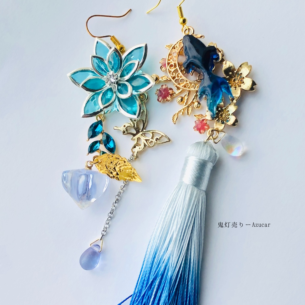 蒼金魚と鬼灯と蓮の和風ピアス イヤリング 蝶々、雫付き 着物や袴 成人式の和装小物にも★