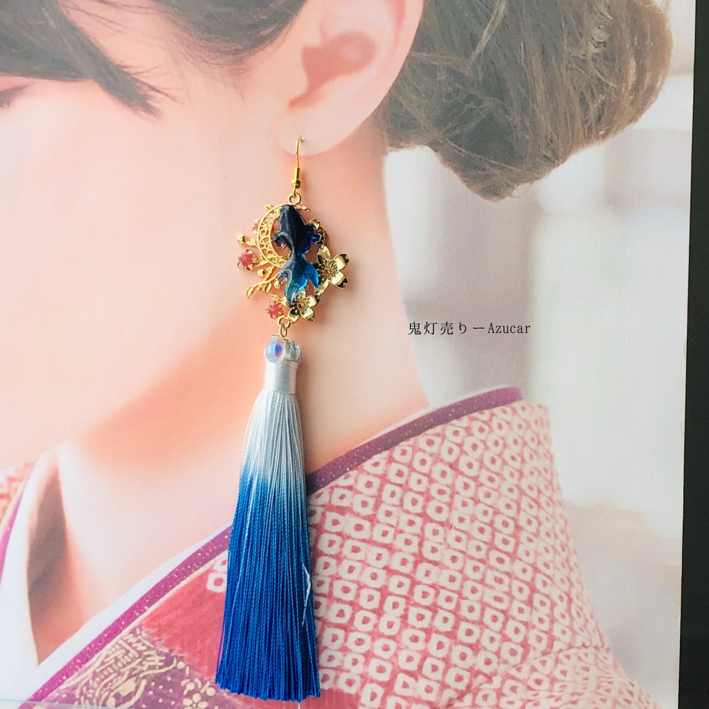 蒼金魚と鬼灯と蓮の和風ピアス イヤリング 蝶々、雫付き 着物や袴 成人式の和装小物にも★