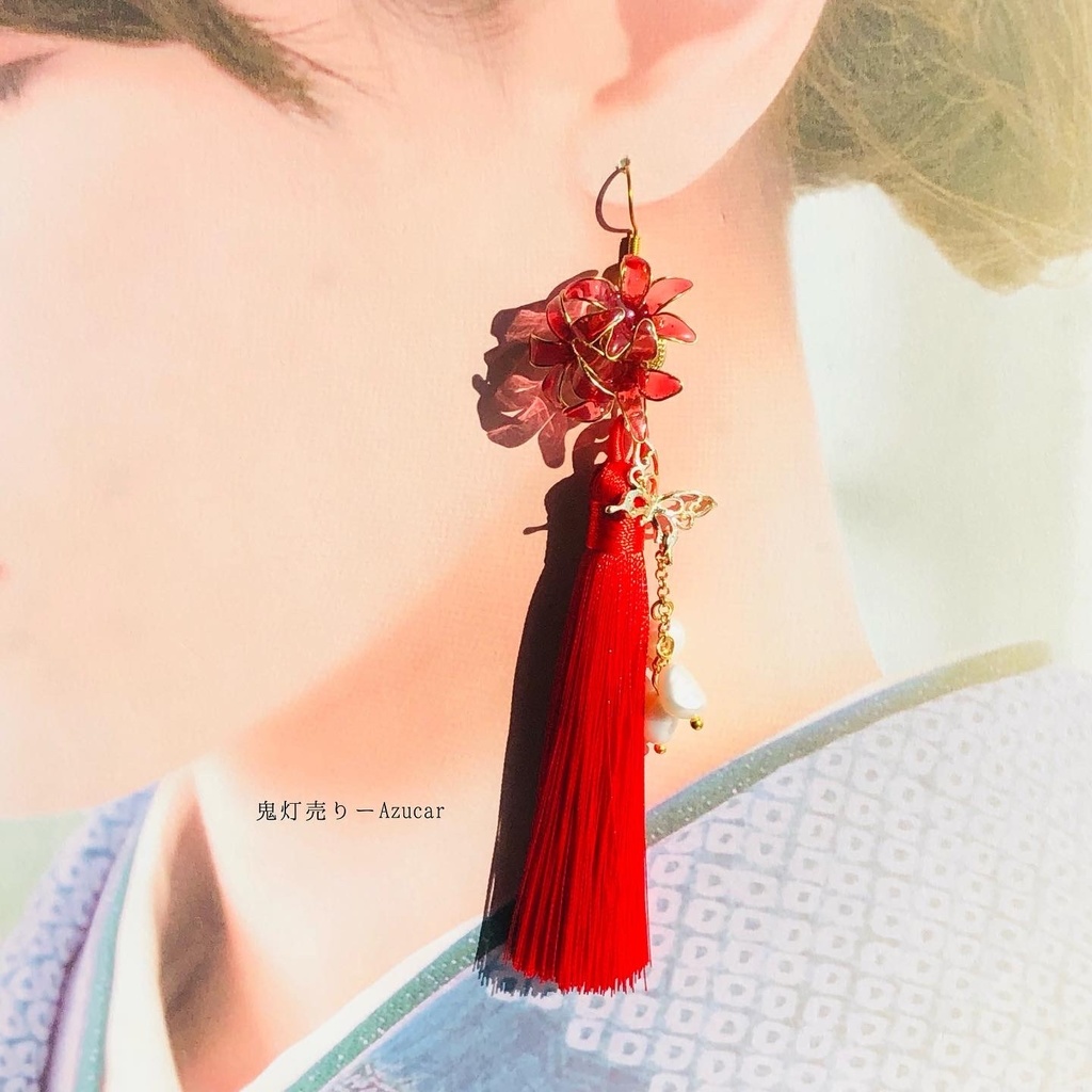 彼岸花柄の狐面と鬼灯と曼珠沙華の和風ピアス イヤリング 淡水パールとロングタッセル、蝶々付きの和装小物★ 着物や浴衣、袴などセレモニー、入学式、卒業式、成人式などにも☆