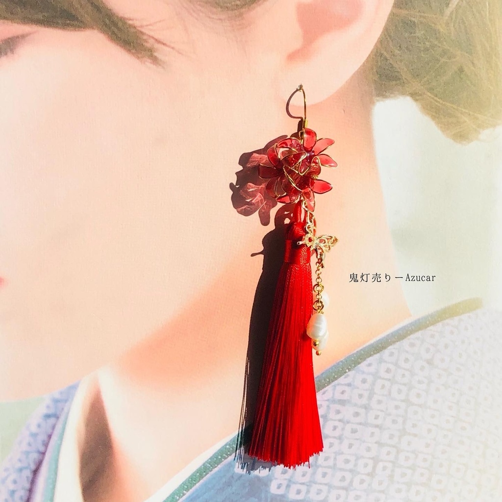 彼岸花柄の狐面と鬼灯と曼珠沙華の和風ピアス イヤリング 淡水パールとロングタッセル、蝶々付きの和装小物★ 着物や浴衣、袴などセレモニー、入学式、卒業式、成人式などにも☆