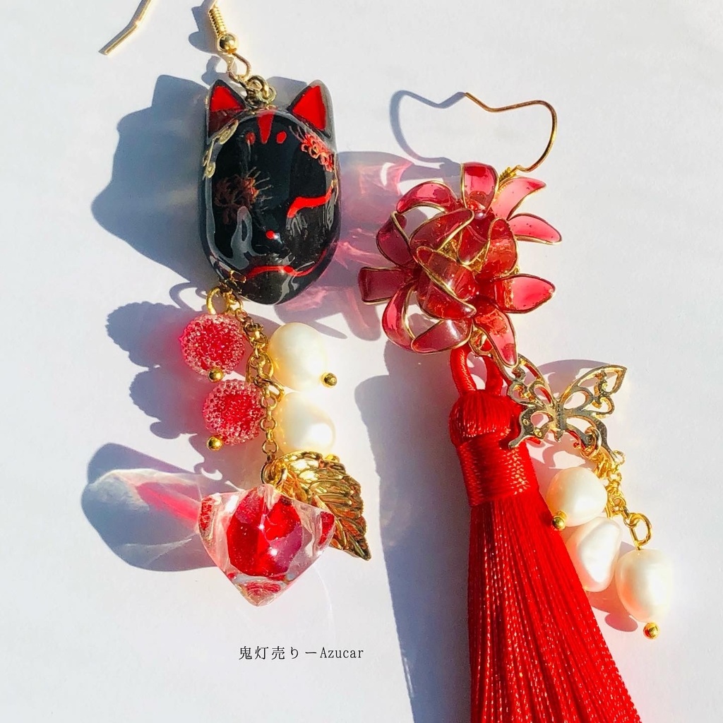 彼岸花柄の狐面と鬼灯と曼珠沙華の和風ピアス イヤリング 淡水パールとロングタッセル、蝶々付きの和装小物★ 着物や浴衣、袴などセレモニー、入学式、卒業式、成人式などにも☆