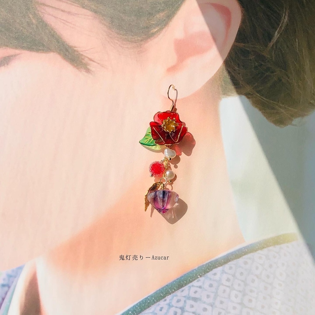 椿と鬼灯の大正ロマン 和風ピアス イヤリング 着物や浴衣、袴、ドレスなどの和装小物にも★