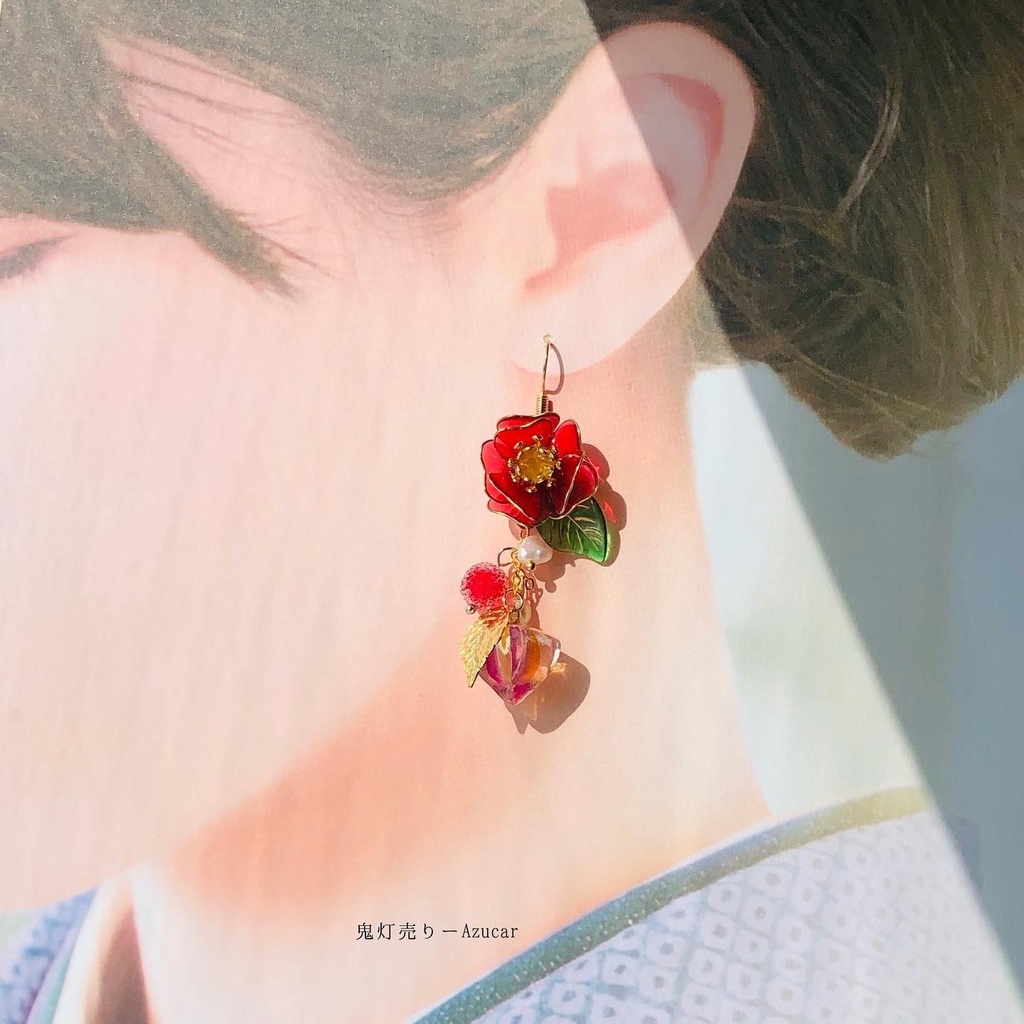 椿と鬼灯の大正ロマン 和風ピアス イヤリング 着物や浴衣、袴、ドレスなどの和装小物にも★