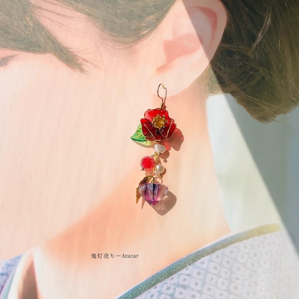 椿と鬼灯の大正ロマン 和風ピアス イヤリング 着物や浴衣、袴、ドレスなどの和装小物にも★
