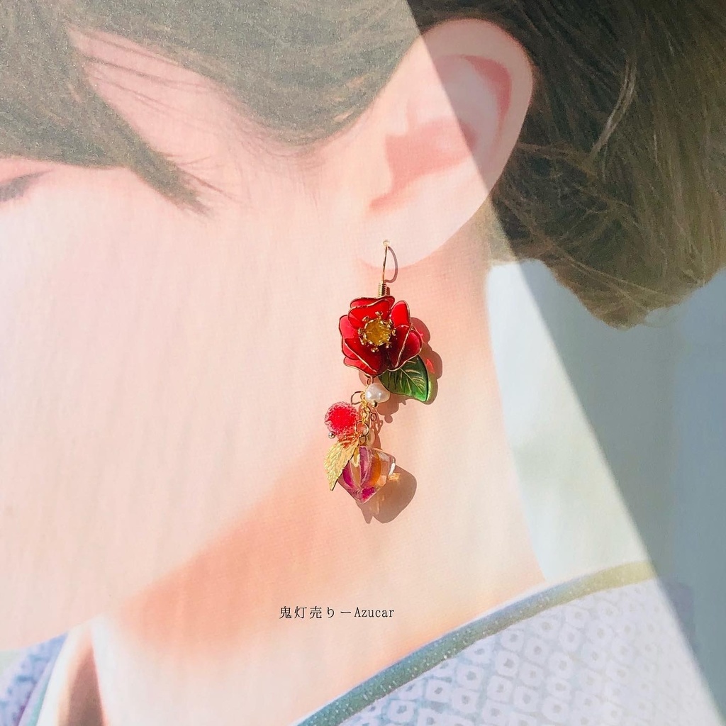 椿と鬼灯の大正ロマン 和風ピアス イヤリング 着物や浴衣、袴、ドレスなどの和装小物にも★
