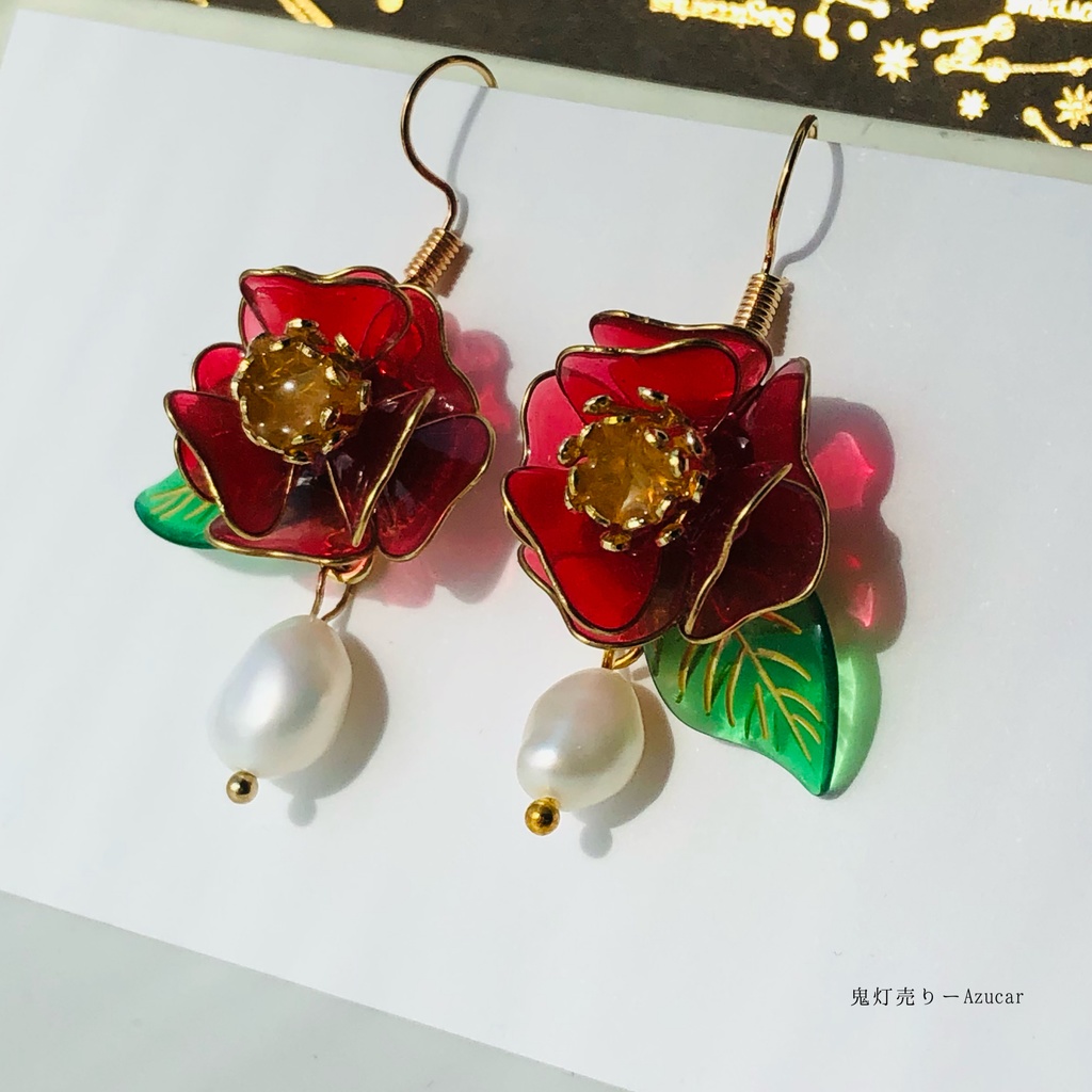 紅椿と一粒淡水パールの和風ピアス イヤリング 着物や浴衣、袴などの和装小物にも★