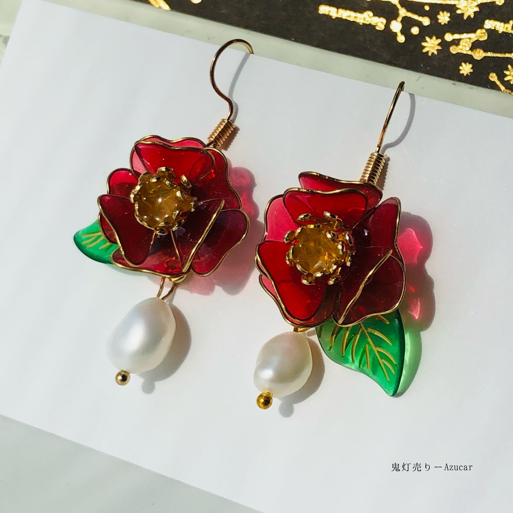 紅椿と一粒淡水パールの和風ピアス イヤリング 着物や浴衣、袴などの和装小物にも★