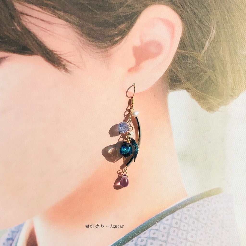 氷の鬼灯と蓄光、色変化ピアス、イヤリングの淡水パールと雫付き★