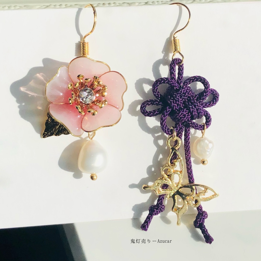 桜と淡水パールと花結びの和風ピアス イヤリング 着物や袴 ドレスなど