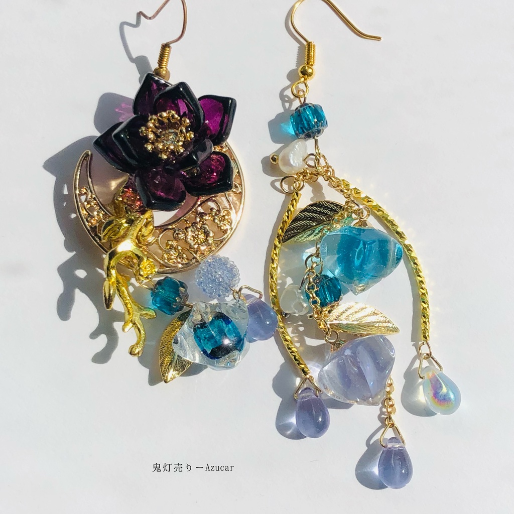 鬼灯と蓮に零れ落ちる雫 レジンほおずきと蓮と雫のピアス イヤリング Azucar Booth
