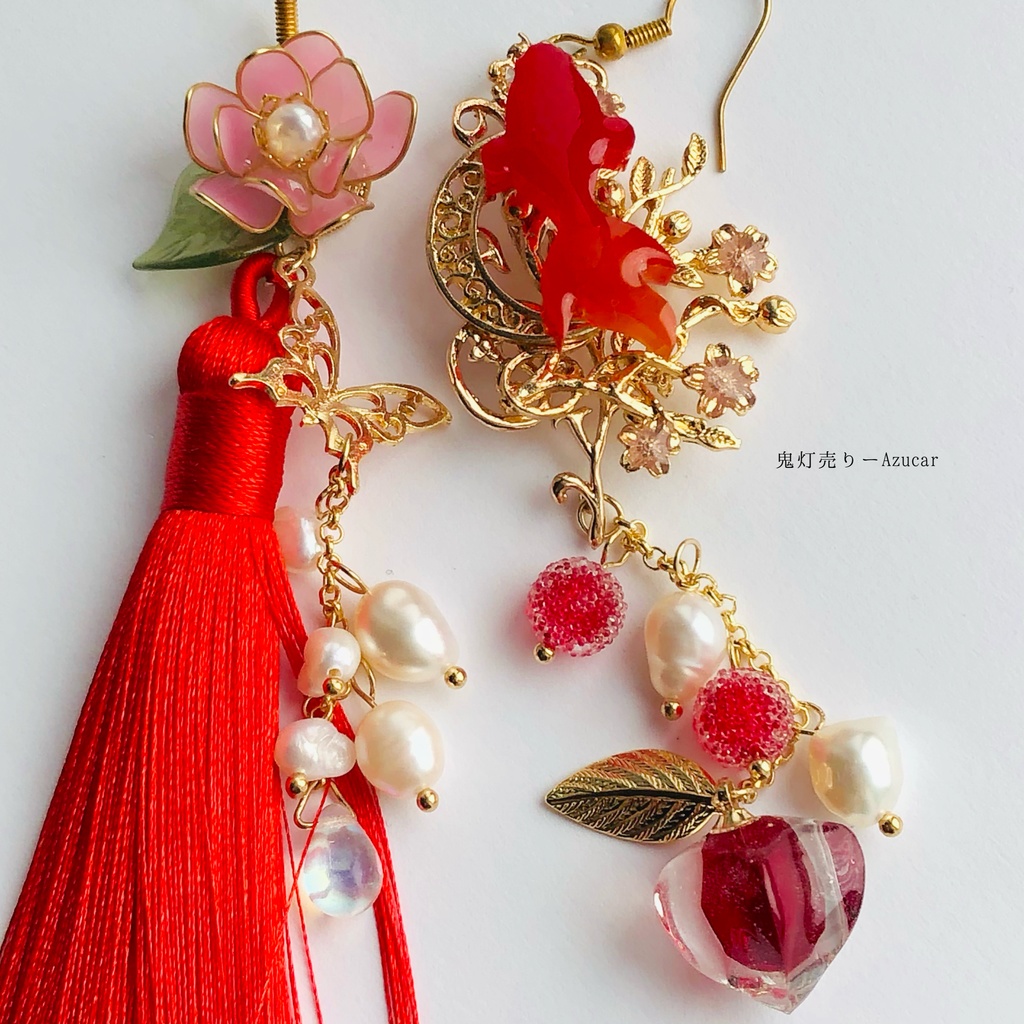 紅金魚と鬼灯と蓮の和風ピアス イヤリング 蝶々と淡水パール、ロングタッセル付き 着物や袴 成人式の和装小物にも★