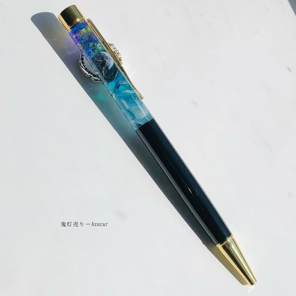 魔法使いの蓄光オルゴナイトボールペン 上弦の月 琉球ガラス、歯車、天然石のオリジナルボールペン