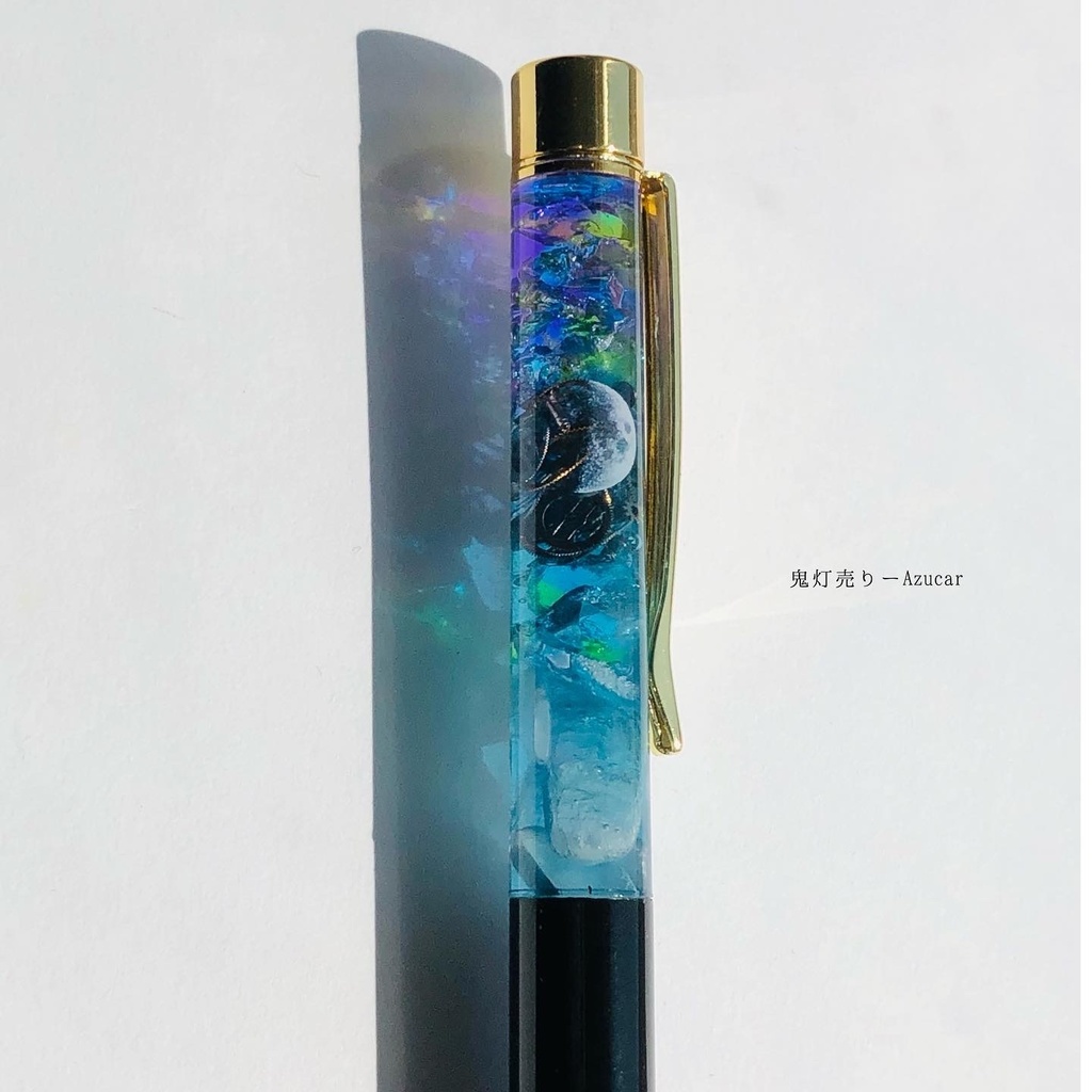 魔法使いの蓄光オルゴナイトボールペン 上弦の月 琉球ガラス、歯車、天然石のオリジナルボールペン