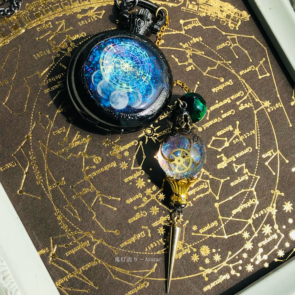 ★蓄光懐中時計★天体魔法使いの月の満ち欠け(白銀ランタン付き)★