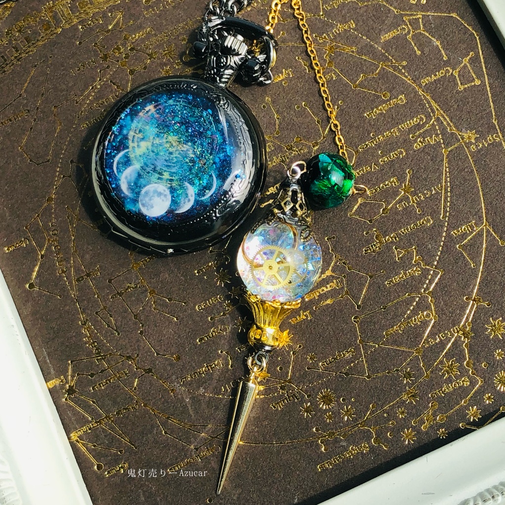 ★蓄光懐中時計★天体魔法使いの月の満ち欠け(白銀ランタン付き)★