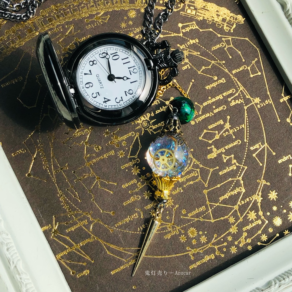 ★蓄光懐中時計★天体魔法使いの月の満ち欠け(白銀ランタン付き)★