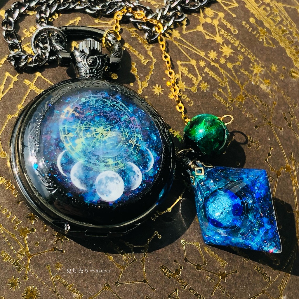 蓄光懐中時計、オルゴナイト付きの天体魔法使いの月の満ち欠け(宇宙フローライト付き)★