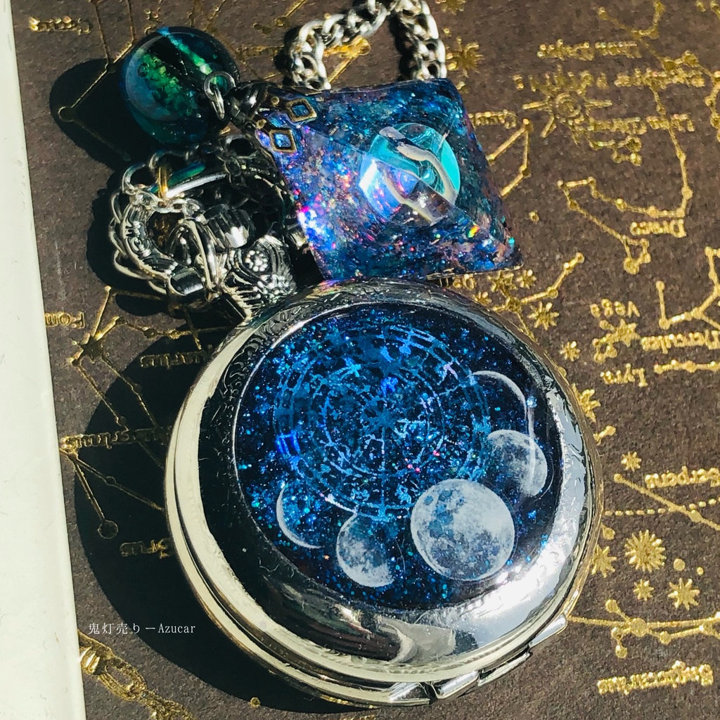 蓄光懐中時計、月の涙オルゴナイト 月の満ち欠け(宇宙フローライト付き)★シルバーテイスト★