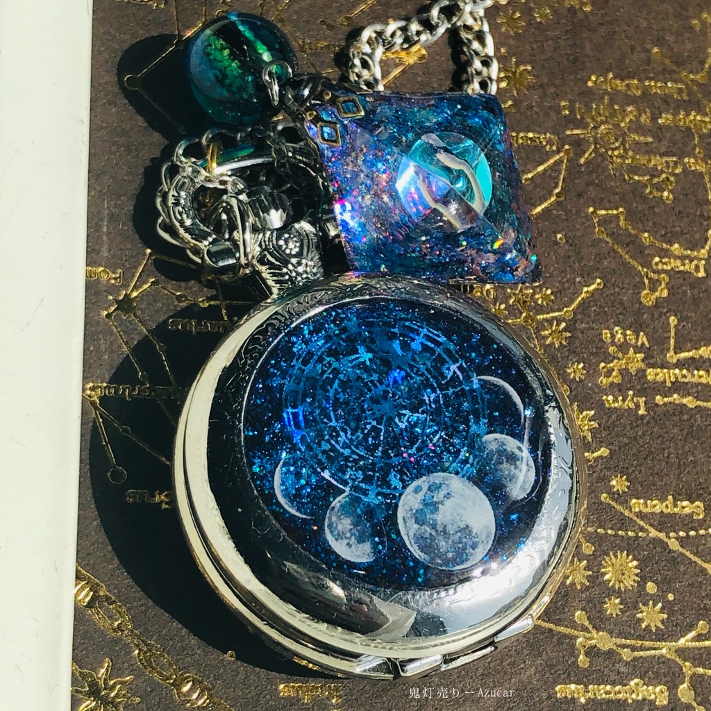 蓄光懐中時計、月の涙オルゴナイト 月の満ち欠け(宇宙フローライト付き)★シルバーテイスト★