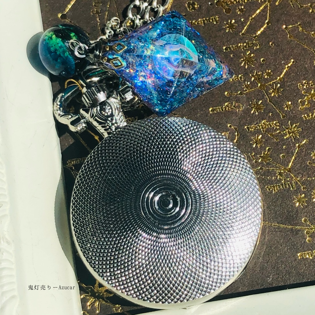 蓄光懐中時計、月の涙オルゴナイト 月の満ち欠け(宇宙フローライト付き)★シルバーテイスト★