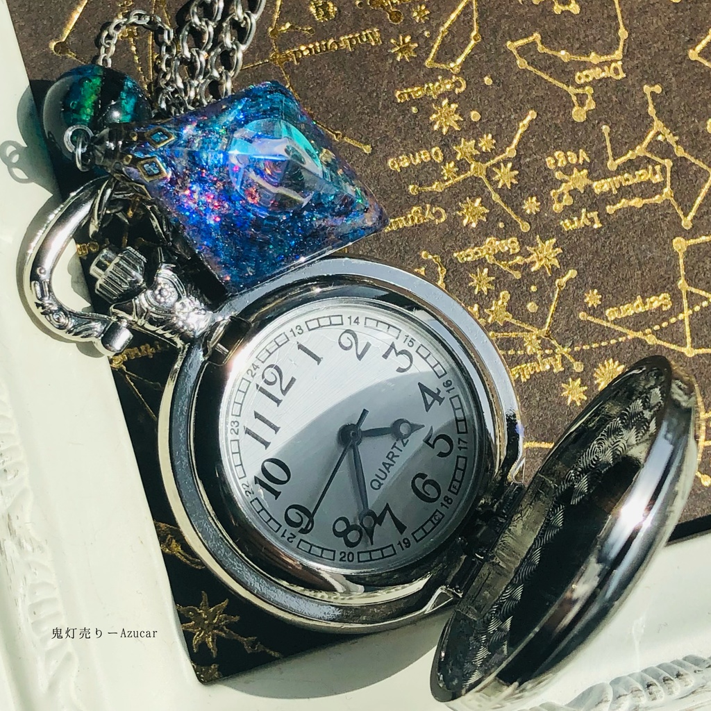 蓄光懐中時計、月の涙オルゴナイト 月の満ち欠け(宇宙フローライト付き)★シルバーテイスト★