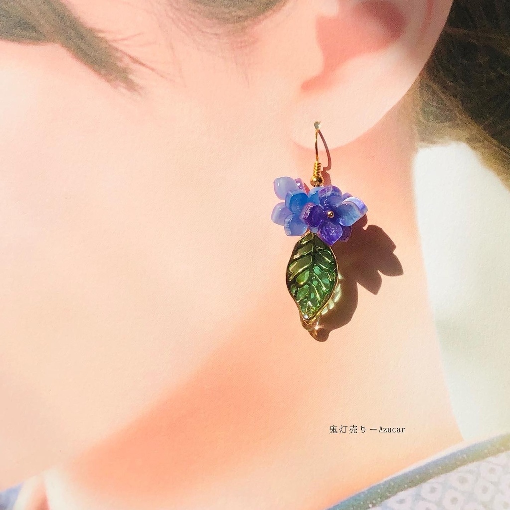 傘と紫陽花の和風ピアス イヤリング(雨の日コーデ3点セット)傘レジンとアジサイ アシンメトリーピアス イヤリング★