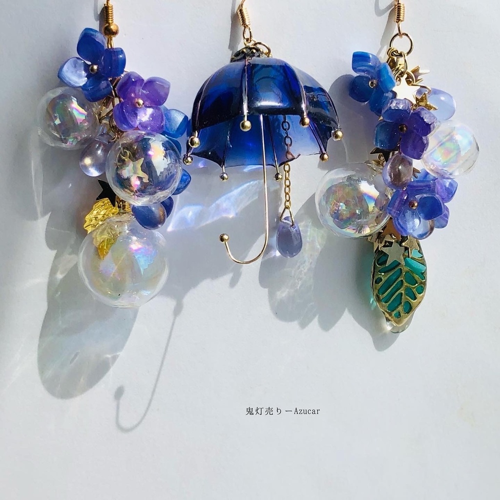 傘と紫陽花の和風ピアス イヤリング(雨の日コーデ3点セット)傘レジンとアジサイとシャボン玉 アシンメトリーピアス イヤリング★