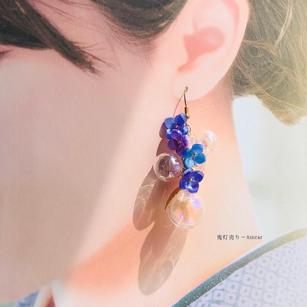 傘と紫陽花の和風ピアス イヤリング(雨の日コーデ3点セット)傘レジンとアジサイとシャボン玉 アシンメトリーピアス イヤリング★