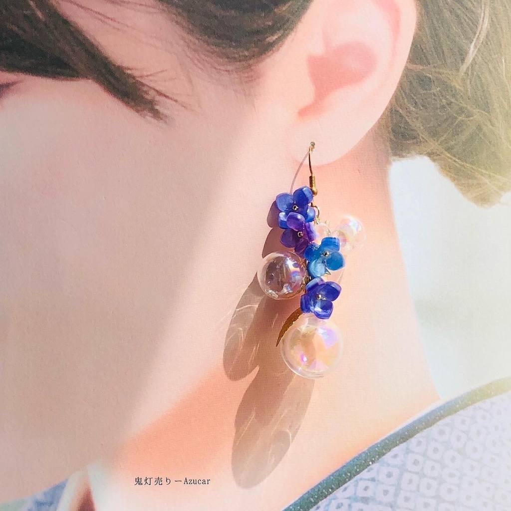 傘と紫陽花の和風ピアス イヤリング(雨の日コーデ3点セット)傘レジンとアジサイとシャボン玉 アシンメトリーピアス イヤリング★