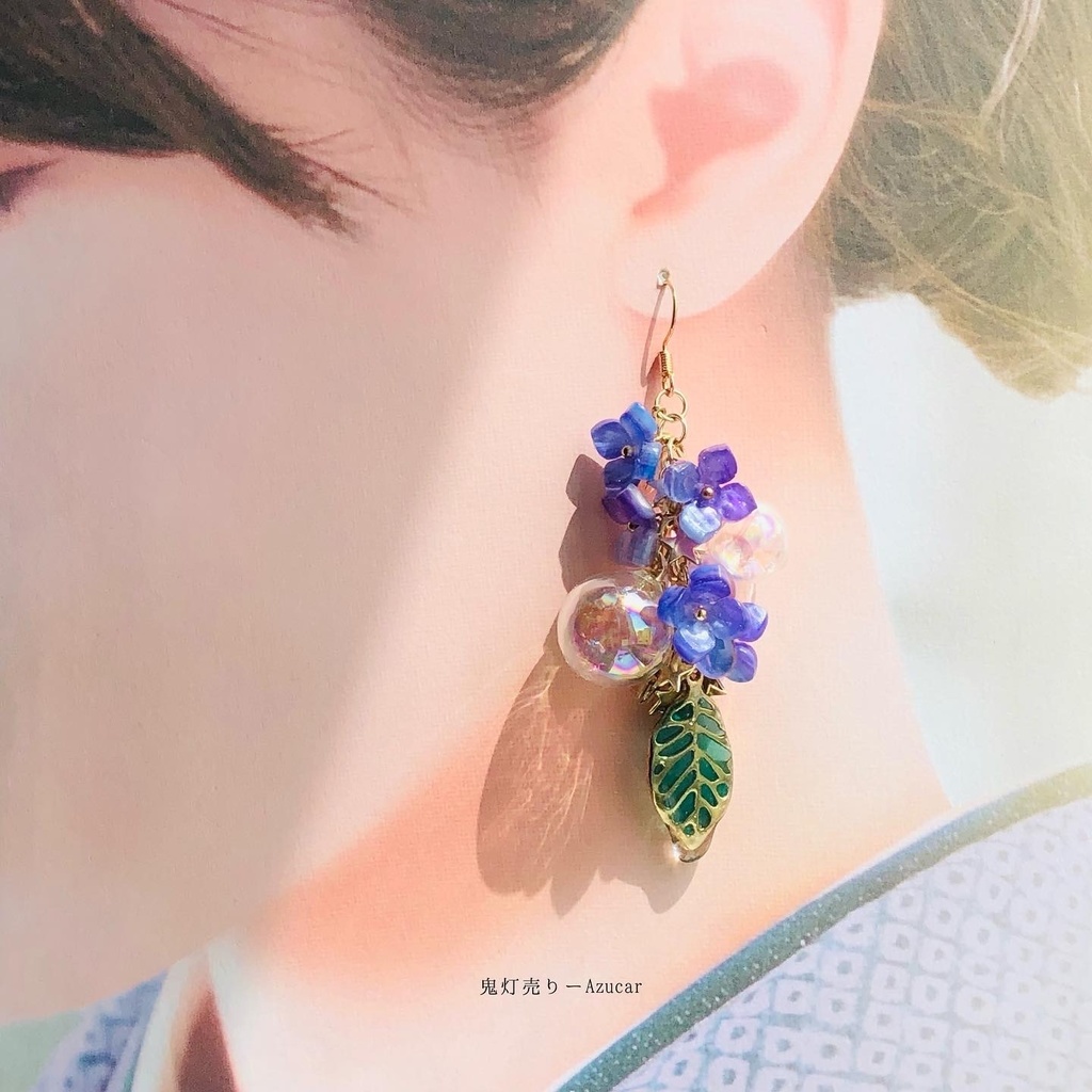 傘と紫陽花の和風ピアス イヤリング(雨の日コーデ3点セット)傘レジンとアジサイとシャボン玉 アシンメトリーピアス イヤリング★