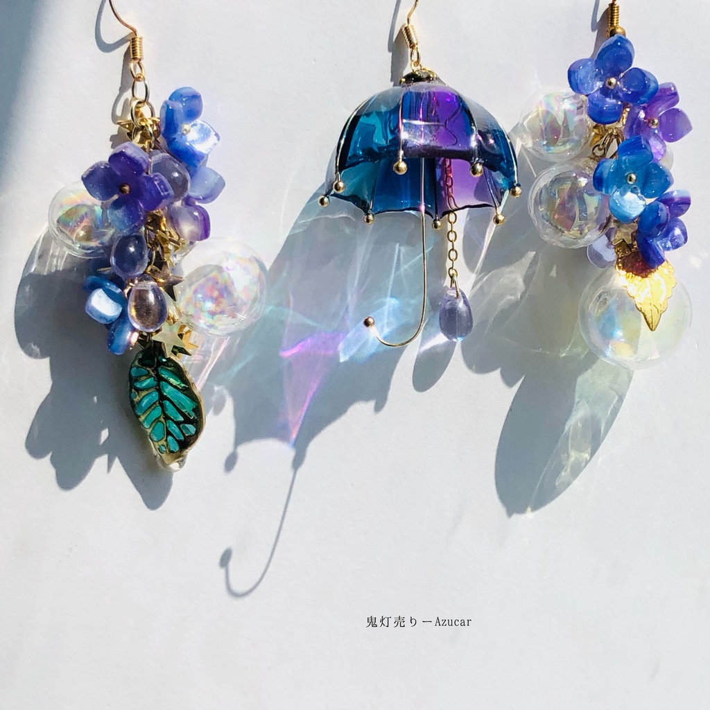 傘と紫陽花の和風ピアス イヤリング(雨の日コーデ3点セット)傘レジンとアジサイとシャボン玉 グラデーション強めversion★