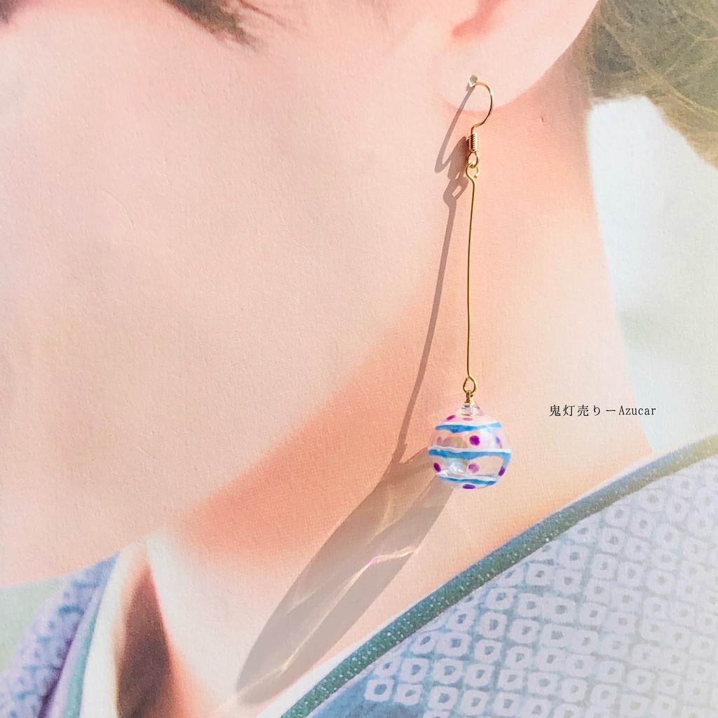 揺れる金魚鉢と蓄光風鈴と水玉模様のヨーヨー和風ピアス イヤリング(初夏コーデ3点セット) ハーバリウムオイルとモス入り★