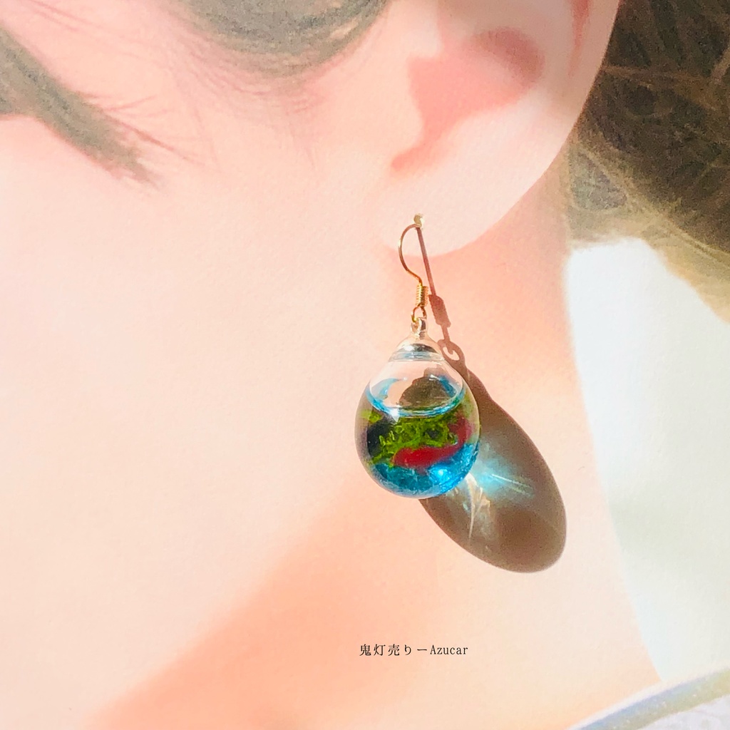 揺れる金魚鉢と蓄光風鈴と水玉模様のヨーヨー和風ピアス イヤリング(初夏コーデ3点セット) ハーバリウムオイルとモス入り★