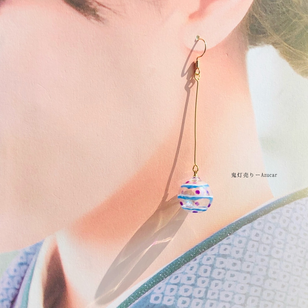 揺れる金魚鉢と蓄光風鈴と水玉模様のヨーヨー和風ピアス イヤリング(初夏コーデ3点セット) ハーバリウムオイルとモス入り★