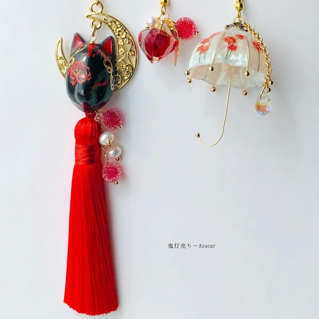 狐の嫁入り 彼岸花柄の狐面と鬼灯と彼岸花傘の和風ピアス イヤリング(3点セット)