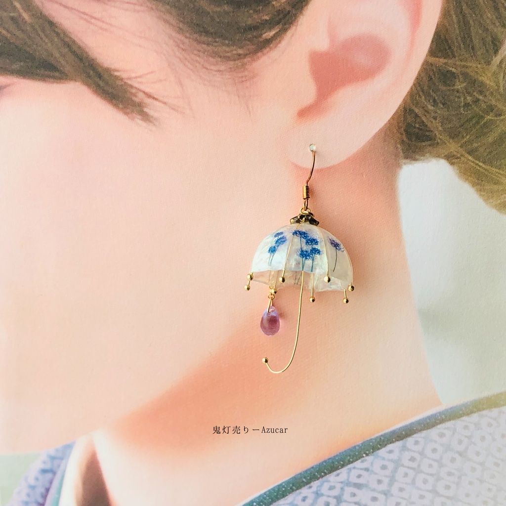 狐の嫁入り 青彼岸花柄の狐面と鬼灯と彼岸花傘の和風ピアス イヤリング(3点セット)