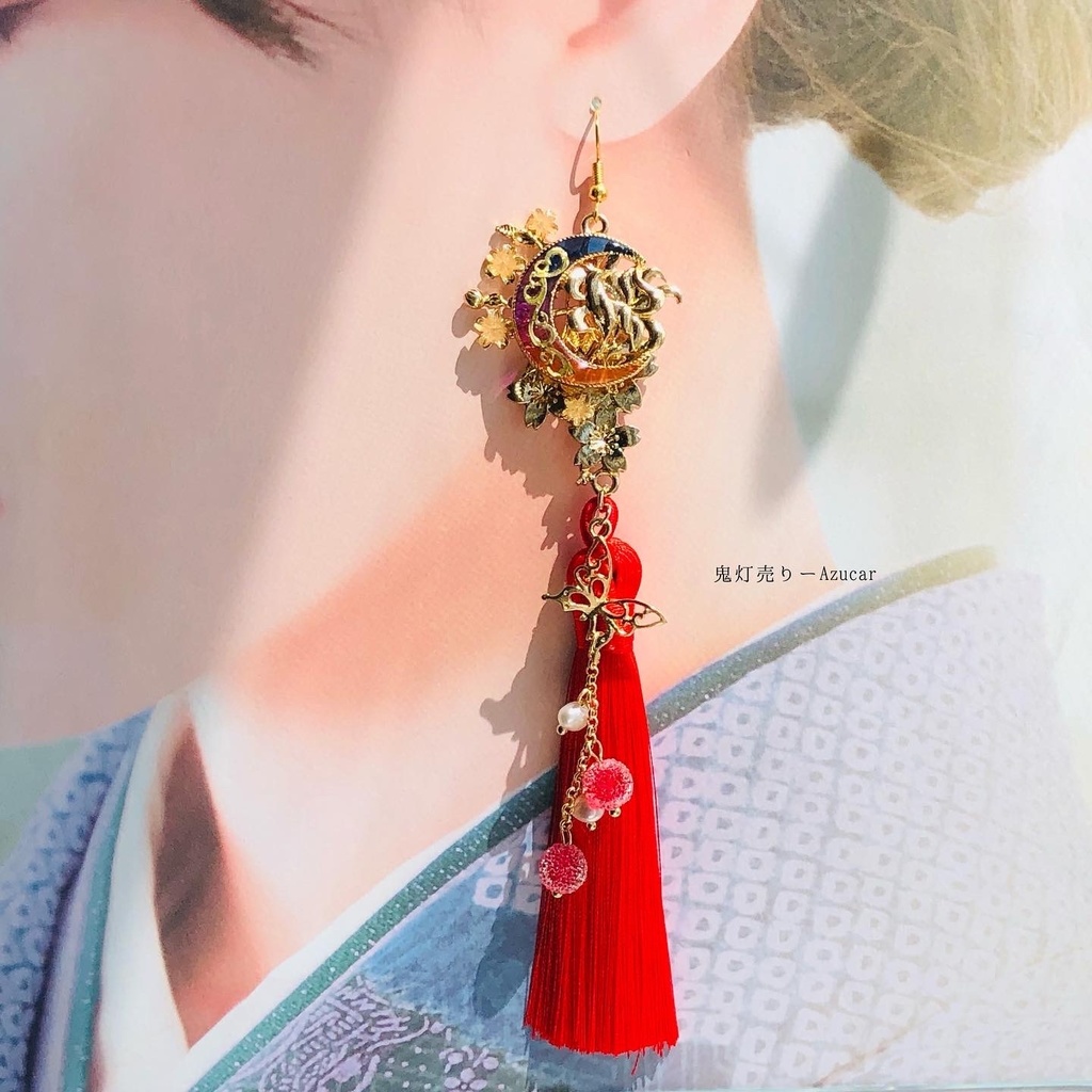 狐の嫁入り 鬼灯と彼岸花傘と九尾狐の和風ピアス イヤリング(3点セット)
