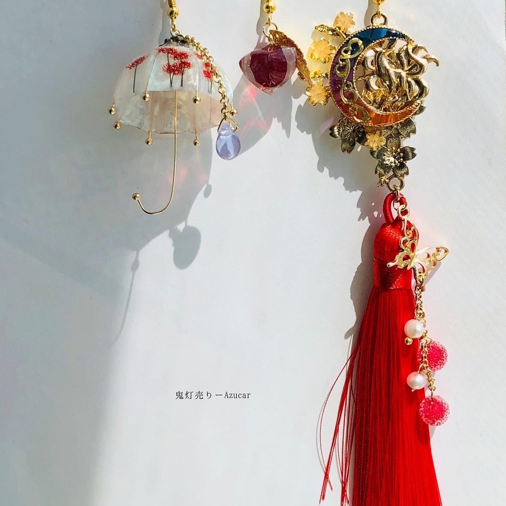 狐の嫁入り 鬼灯と彼岸花傘と九尾狐の和風ピアス イヤリング(3点セット)