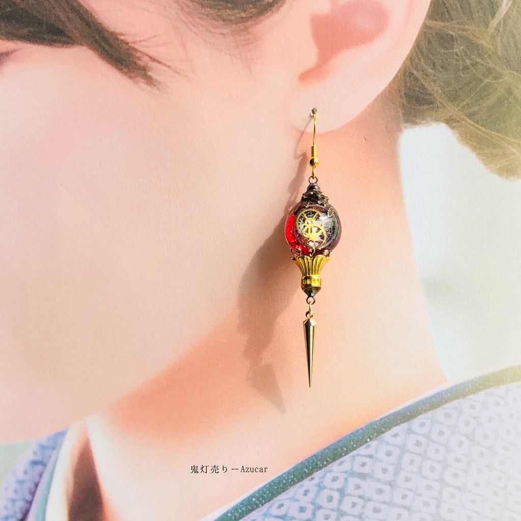 紅魔法陣ランタンと天球儀の歯車スチームパンク ピアス イヤリング★星空と黄昏夕焼け空の球体宇宙レジン メンズアクセサリーにも★