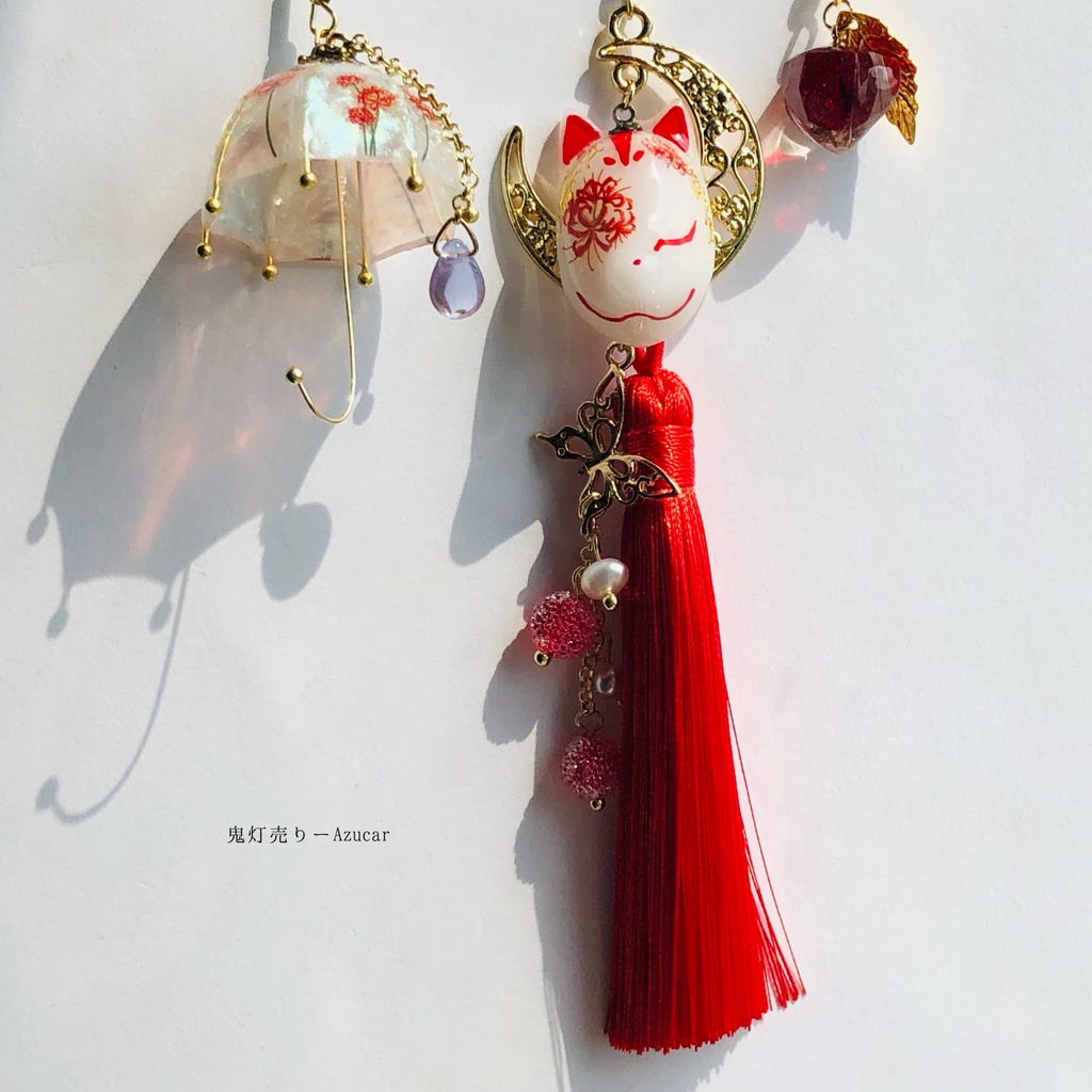 狐の嫁入り 彼岸花柄の白狐面と鬼灯と彼岸花傘の和風ピアス イヤリング(3点セット)