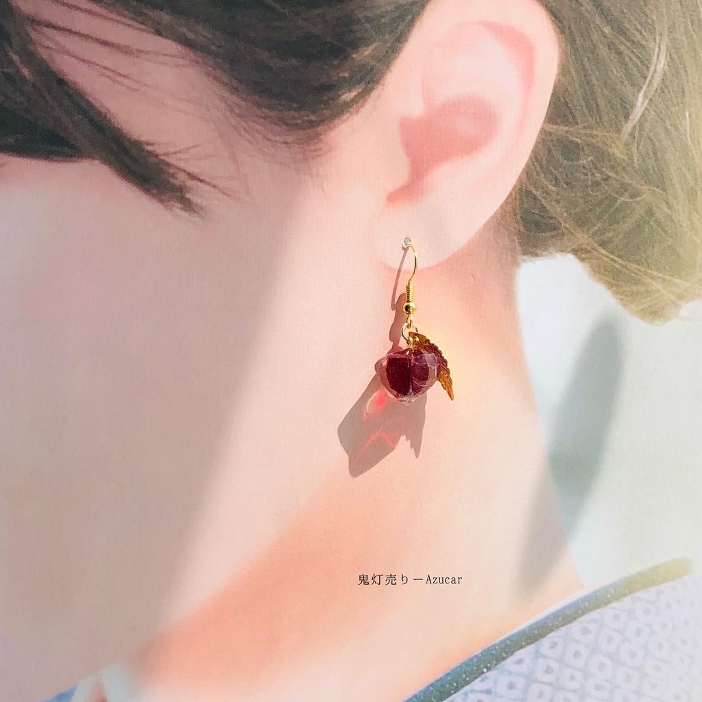 狐の嫁入り 彼岸花柄の白狐面と鬼灯と彼岸花傘の和風ピアス イヤリング(3点セット)