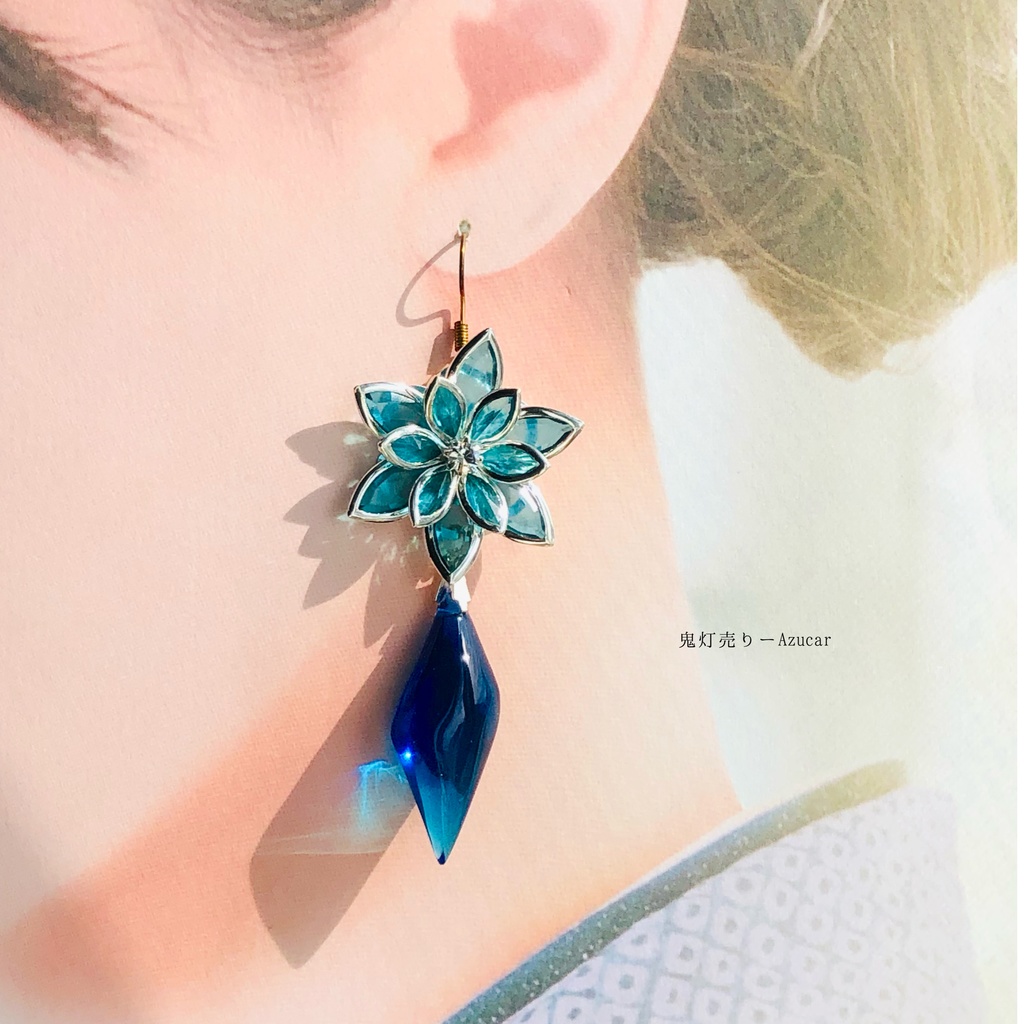 夜空色の傘と空色の蓮の和風ピアス イヤリング(雨の日コーデ3点セット)