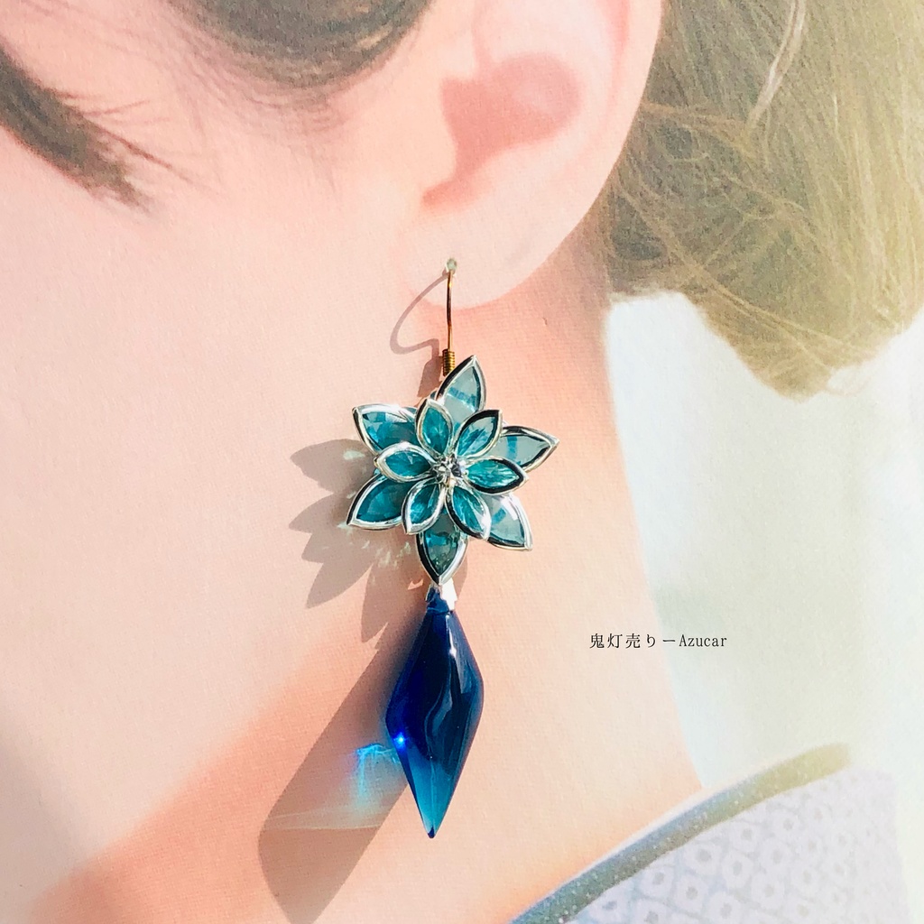 夜空色の傘と空色の蓮の和風ピアス イヤリング(雨の日コーデ3点セット)