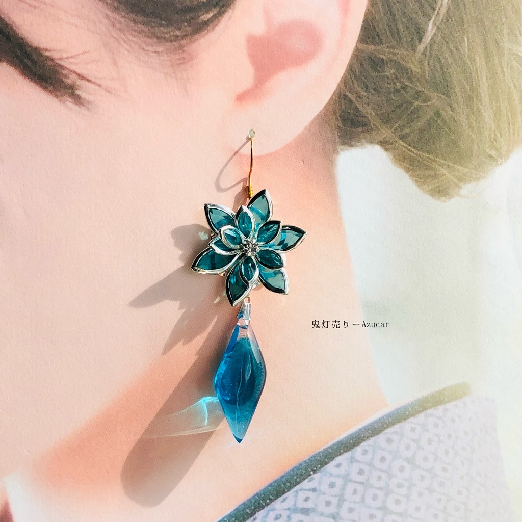 夜空色の傘と空色の蓮の和風ピアス イヤリング(雨の日コーデ3点セット)