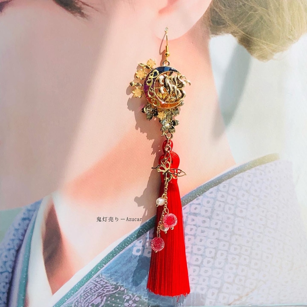 狐の嫁入り 鬼灯と彼岸花傘と九尾狐の和風ピアス イヤリング(3点セット)プラ板