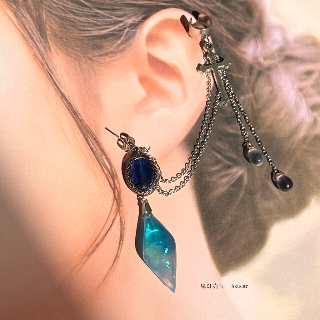 夜空鉱物のイヤーカフと鉱石付き 十字架と雫★