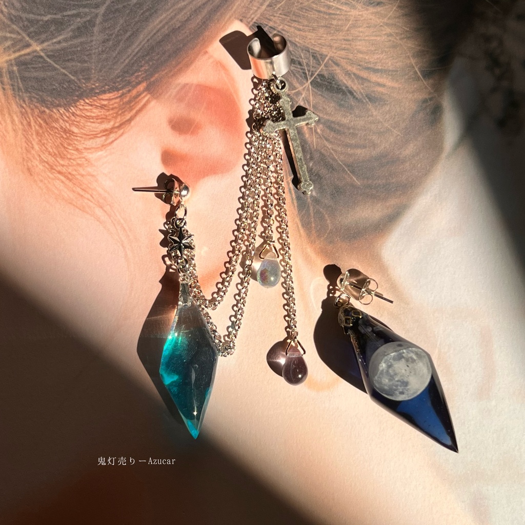 空色の鉱物イヤーカフと満月ペンデュラム 十字架と雫付き★